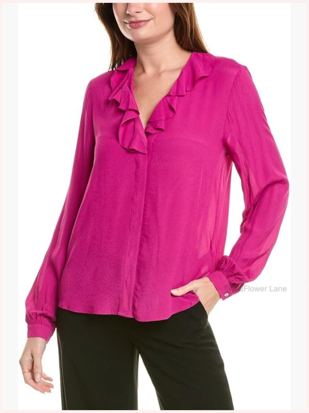 Long Sleeve Ruffle V-Neck Crepe Blouse Blouson Top